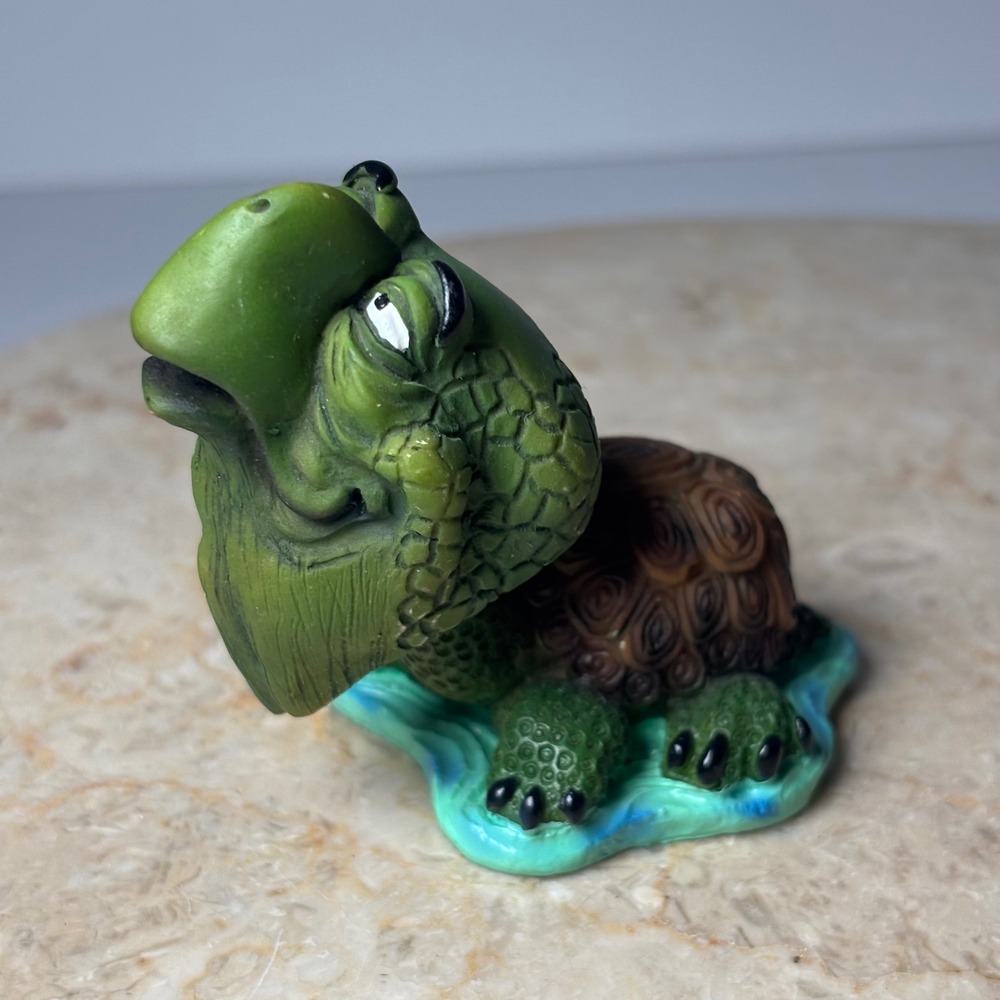 Funky Turtle Bobblehead Figurine Small Green Brown Whimsical Grumpy Tortoise